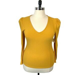 INC International Concepts Womens Yellow Knit Puffed Shoulder Ribbed Top Size XL